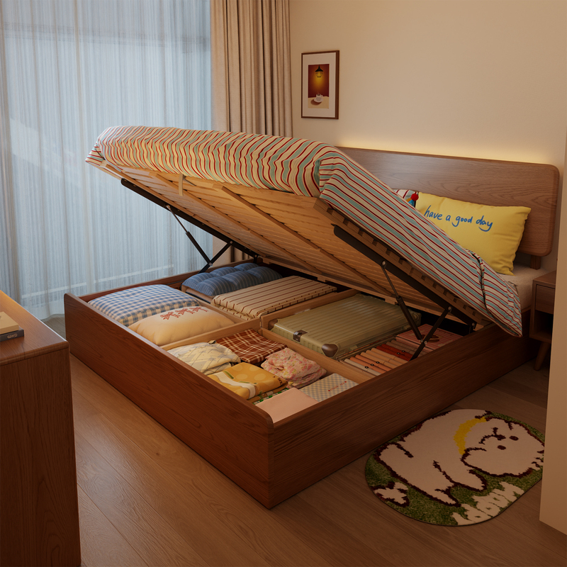 Winterwood Solid Wood Bed Box Bed with Storage, 1.5m Bedroom Bed Frame, Small Apartment Air Pressure High Box Bed, Double Bed