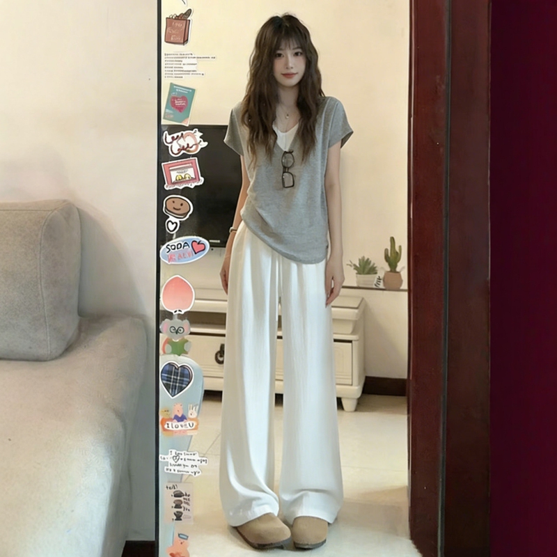 Lazy Style Sports Suit for Women, Summer Loose Fit, Slimming Korean Fashion, Faux Two-Piece Short-Sleeve Top and Long Pants Casual Two-Piece Set
