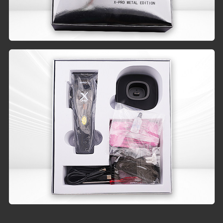 Contents of the WMARK NG-X1 package laid out, showing the clipper, charging base, guide combs, and other accessories.