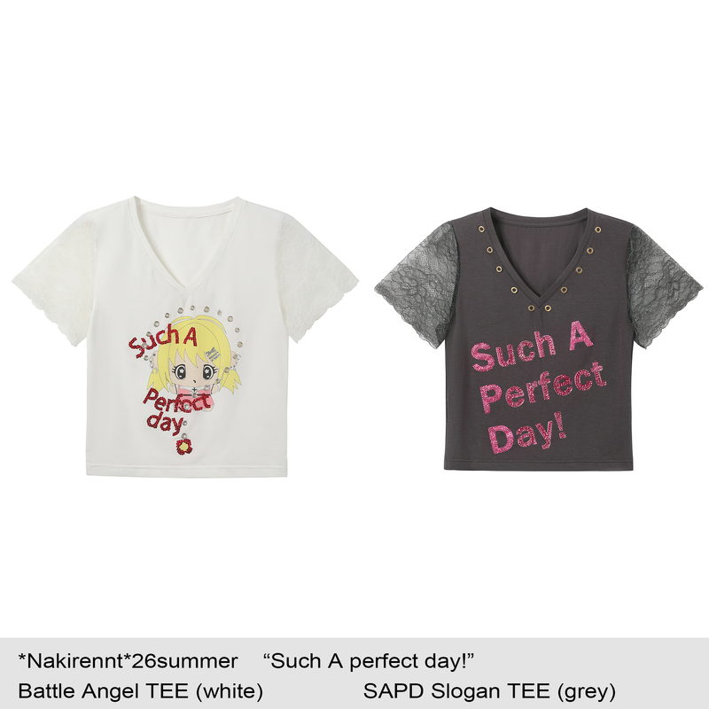 Nakirennt*Yu Shuxin's Style*Perfect Day*Capsule Series_Lace Sleeves with Rhinestones, V-Neck Short-Sleeve Tee