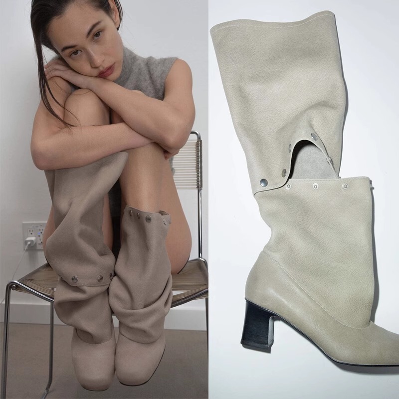 Women's Long Boots with Chunky Heels, Slimming Off-White Rivets, Detachable Boots, Winter Round-Toe High Boots, Two-Way Wear High-Heeled Trouser Boots