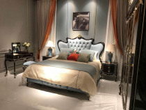 European French solid wood neoclassical furniture Sapele FB 26 large bed bedside table dressing table makeup stool