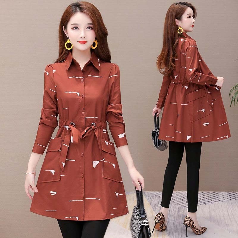 Wind coat woman medium long version 2022 Early spring new fashion small sub-temperament collection waist display slim print thin jacket