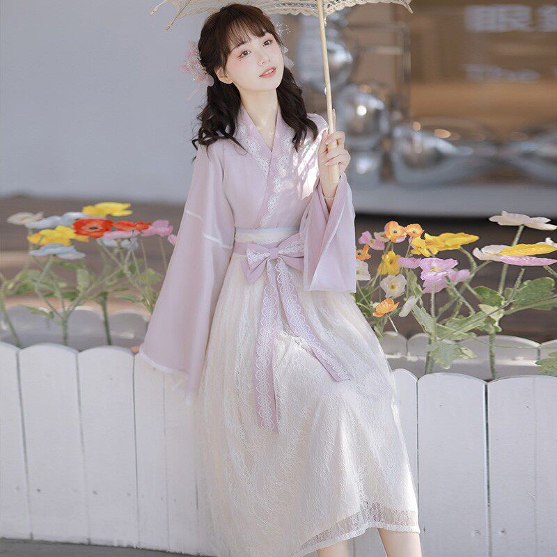 Original Hanfu women's daily Han elements improved dress summer Chinese style cross collar fake two pieces of lace ancient style spring