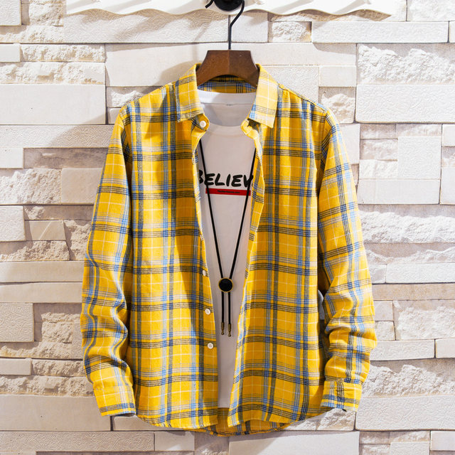 Spring and autumn plaid shirt men's long-sleeved youth shirt high school junior high school student Korean style trendy handsome top