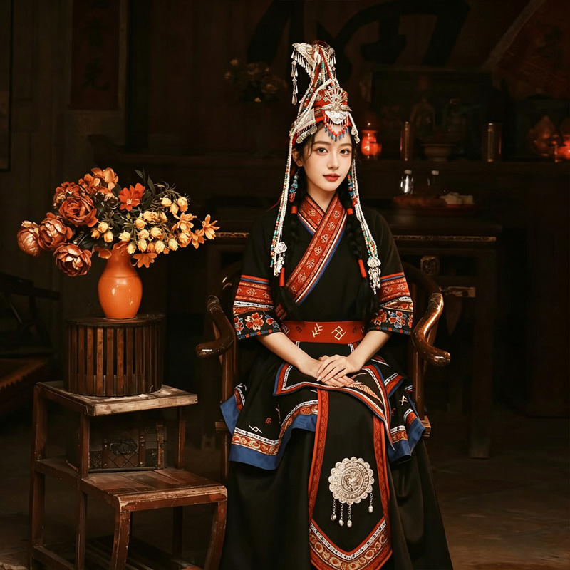 New Style Zhuang Ethnic Clothing for Women, High-End Traditional Embroidered Headdress, Performance and Travel Photography Outfit, Dance Performance and Travel Photography Clothing New Style Zhuang Ethnic Clothing for Women, High-End Traditional Embroidered Headdress, Performance and Travel Photography Outfit, Dance Performance and Travel Photography Clothing