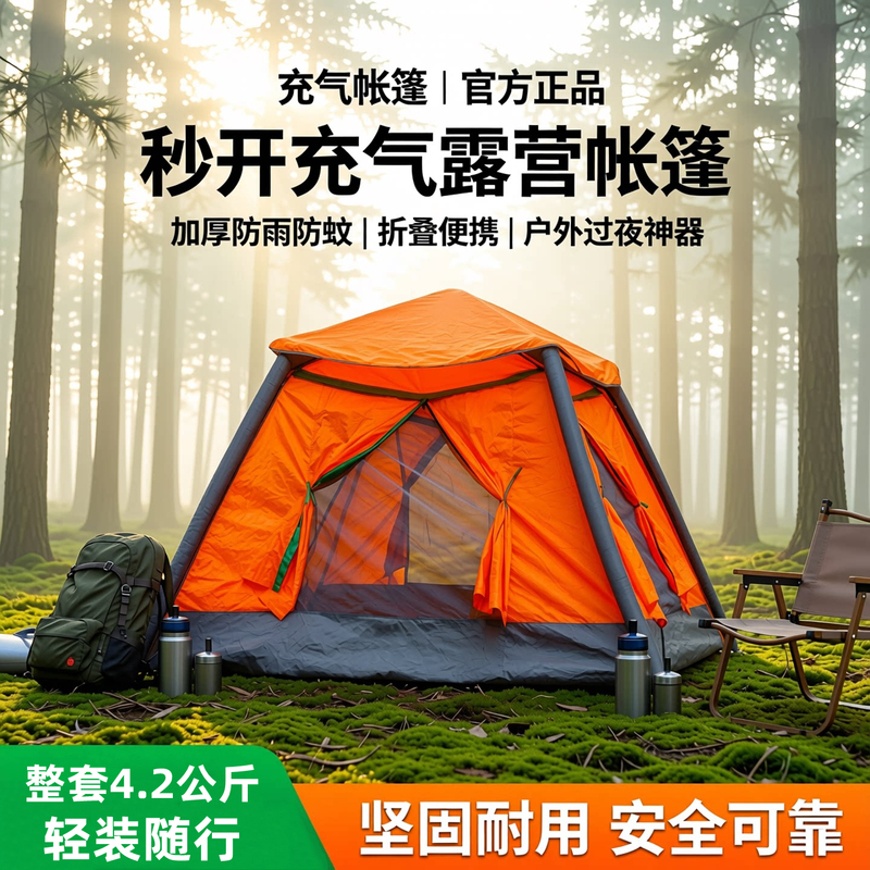 Inflatable Tent for Outdoor Camping, Overnight Tent, Outdoor Foldable Portable Instant-Opening Inflatable Thickened Rainproof and Mosquito-Proof Tent