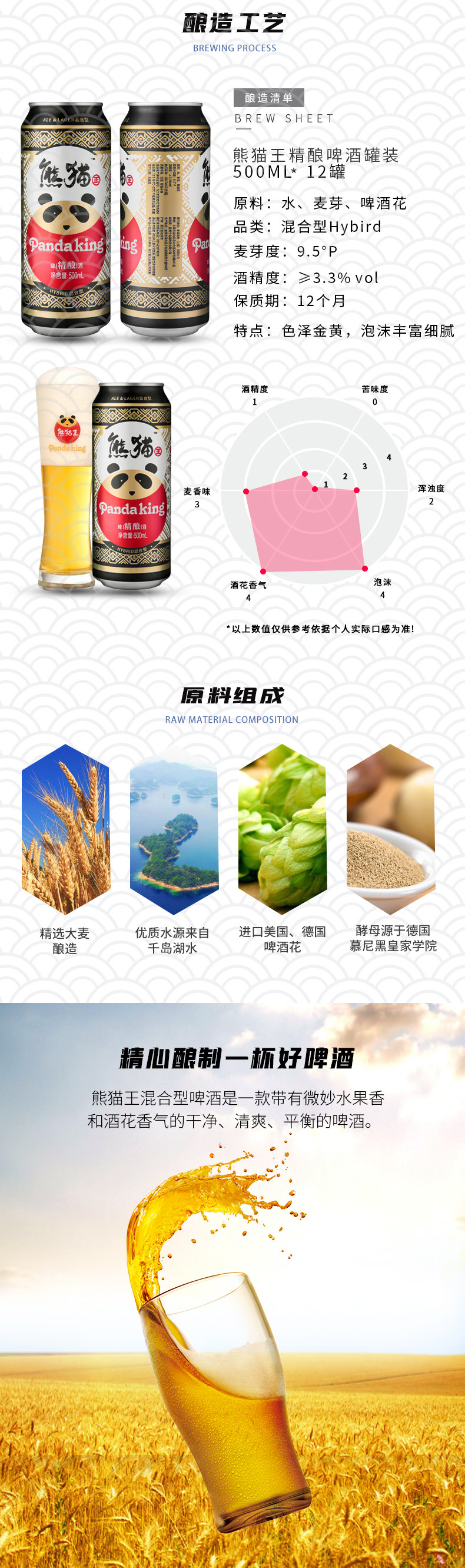熊猫王 纯麦芽精酿啤酒 500ml*12听 国内前沿酿造技术 图2