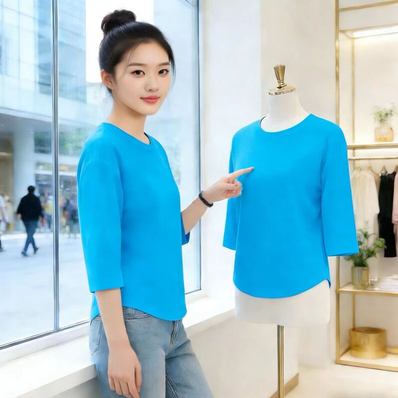 Pure Cotton Three-Quarter Sleeve T-Shirt Women's Top 2026 New Summer Hot-Selling High-End Women's Round Neck Mid-Sleeve T-Shirt Pure Cotton Three-Quarter Sleeve T-Shirt Women's Top 2026 New Summer Hot-Selling High-End Women's Round Neck Mid-Sleeve T-Shirt