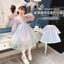 2022 Spring New Girls Western-style Childrens Star Dailu Embroidered Dress Mesh Stitching Princess Dress with Hair Band