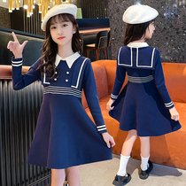 Girls dress for dress and autumn clothing 2022 new Korean version of the Korean Air Girls Academy Wind knit skirt Childrens capsized sweater dress
