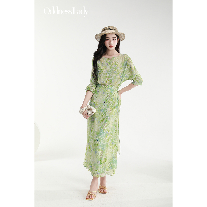 Silk Wrap Dress for Women, Summer Green Floral Tie-Waist Long Silk Dress, Vacation Tea Break Dress