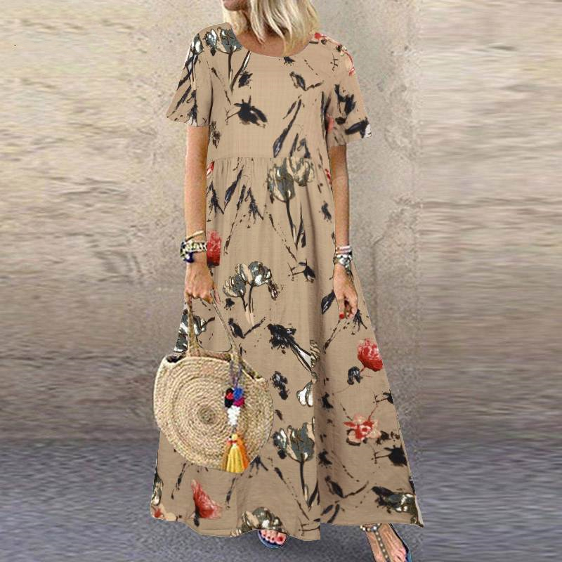 short-sleeved round neck large swing loose flower print dress NSYF120985