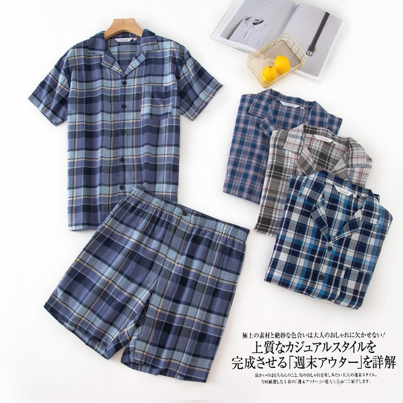 22 years new men's pajamas suit summer casual short sleeve shorts pure cotton plaid sweater men's home suit