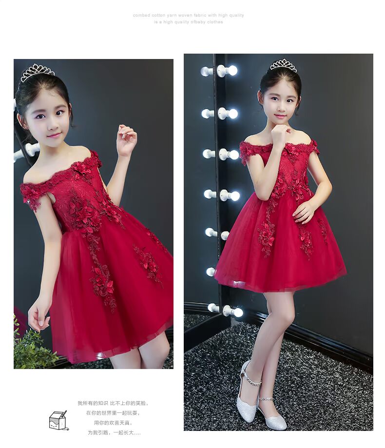 Váy bé gái màu đỏ một vai sinh nhật công chúa váy phồng sợi trẻ em mẫu catwalk trang phục piano mùa đông váy múa cho bé