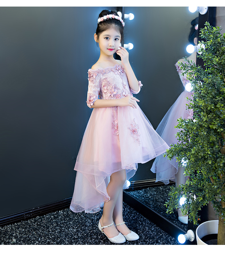 Màu hồng cô gái công chúa váy trẻ em của sàn catwalk trang phục cưới hoa cô gái fluffy áo sơ mi tổ chức sinh nhật buổi tối ăn mặc mùa hè quần áo be gái 10 tuổi