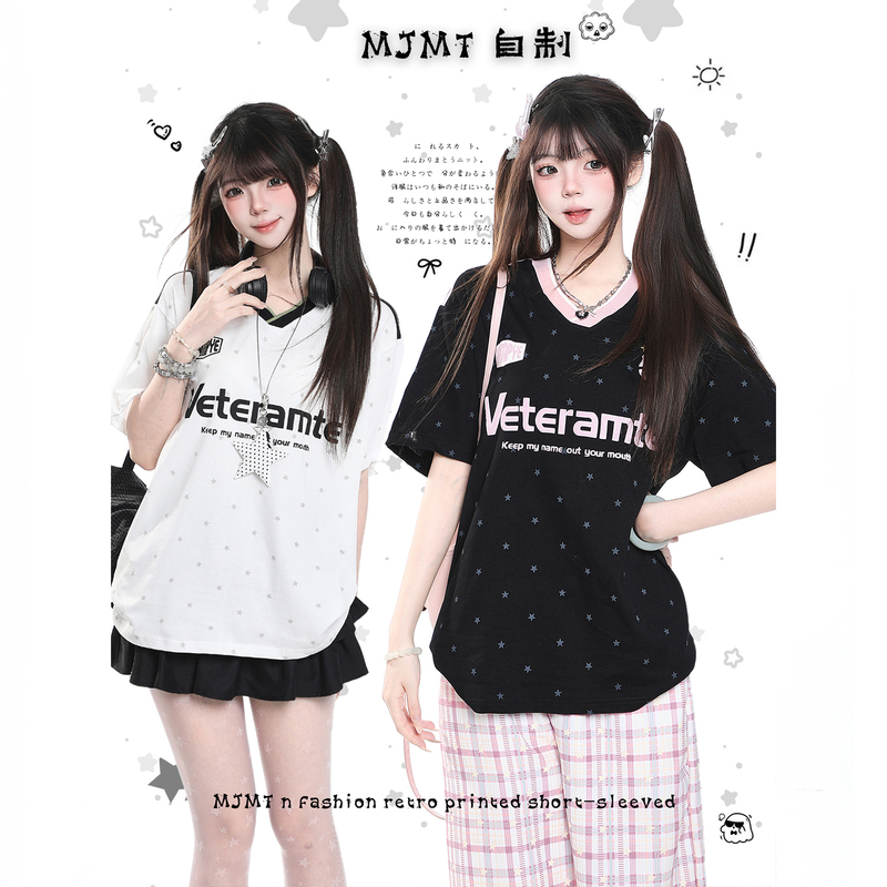 American Retro All-Over Star Print V-Neck Short-Sleeve T-Shirt for Women, Summer Loose Casual Design, Niche Half-Sleeve Top