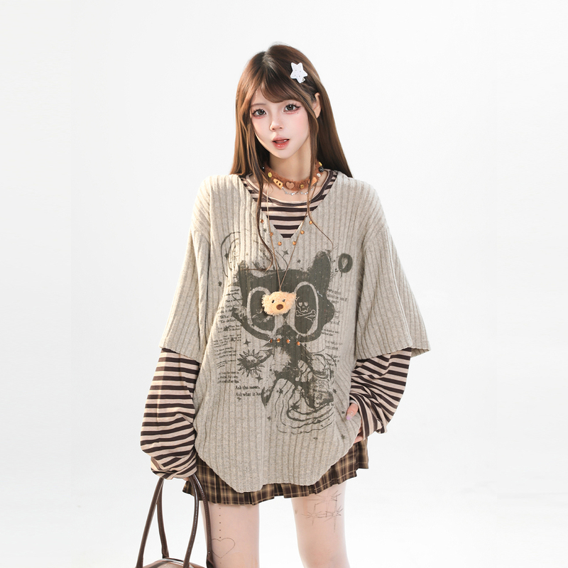 Cute Cartoon Print Fake Two-Piece Spliced Long-Sleeved T-Shirt for Women, Spring Loose Casual Slimming Pullover Blouse Top