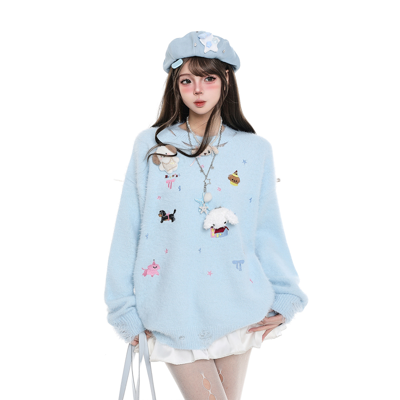 Cute Cartoon Round-Neck Sweater for Women, Autumn and Winter Wear, Loose, Soft, Lazy Style, Warm Knitted Pullover Top
