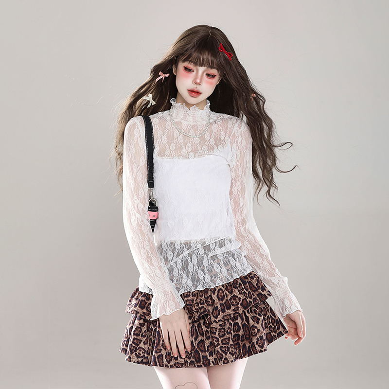 High-Neck Lace Long-Sleeve T-Shirt Base Layer for Women, Thin Autumn Style, Slim Fit, Hollow-Out Sheer Mesh Top