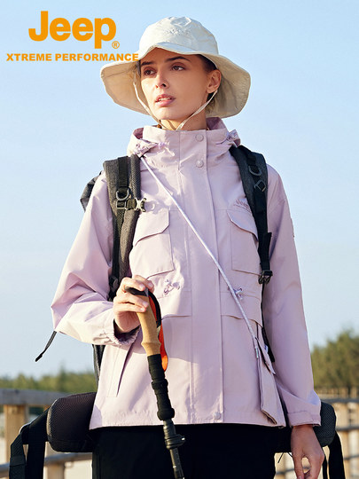 Jeep吉普户外冲锋衣女春秋风衣运动休闲防风防水透气连帽夹克外套