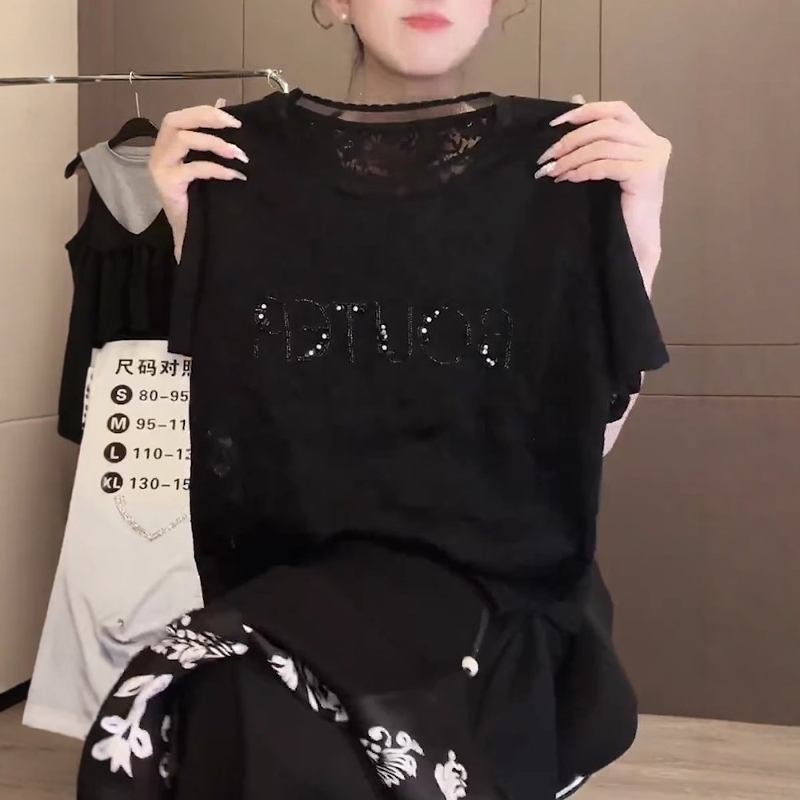 European-Style Black Fashionable Heavy Lace Short-Sleeve T-Shirt for Women, 2026 Summer New Loose Fit, Slimming, High-End Top