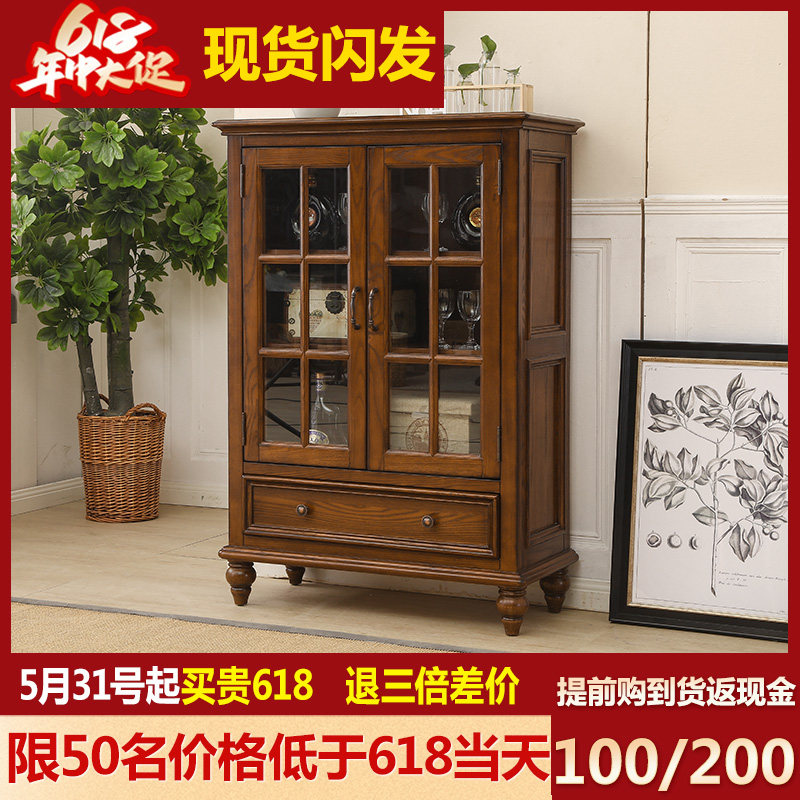 American Retro Countryside Short Cabinet Sublocker White Waxy Solid Wood Double Door Glass Living Room Side Cabinet Wine Cabinet