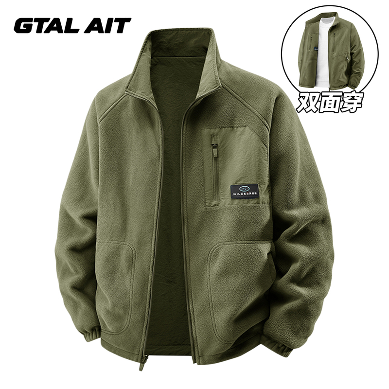 Gtal Ait Reversible Fleece Jacket Men's Stand-Up Collar Casual Style Warm Workwear Flight Suit Trendy Brand Jacket