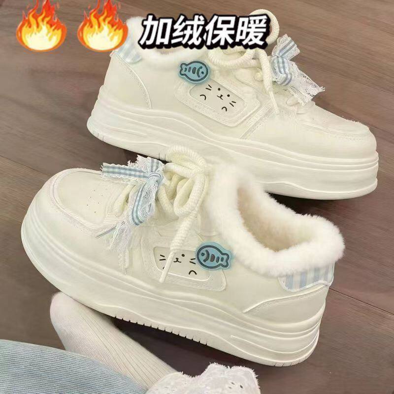 Корейская версия дорогих белых туфель с бантом, новинка зимы 2025 года, новый стиль, бархатные хлопчатобумажные туфли, повседневная нишевая обувь