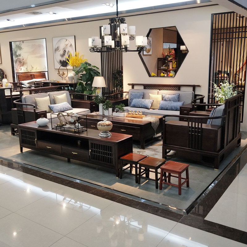 New Chinese style solid wood sofa combination modern minimalist Chinese style light luxury living room Chinese style Zen hotel villa furniture