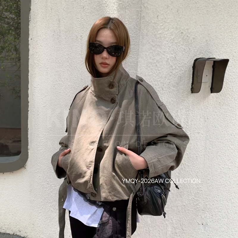 European Genuine Product 2026Ymqy Autumn Design Sweet and Cool Style Stand Collar Long Sleeve Short Jacket Trench Coat Trendy Women's Clothing European Genuine Product 2026Ymqy Autumn Design Sweet and Cool Style Stand Collar Long Sleeve Short Jacket Trench Coat Trendy Women's Clothing