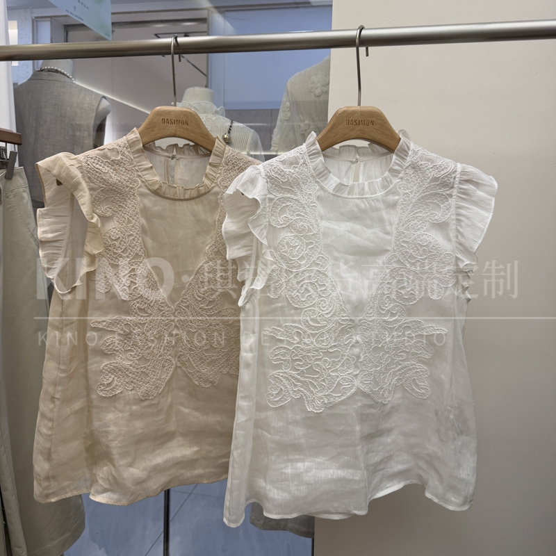 Authentic European Goods 2026Dxm Spring/Summer Design Ruffled Collar Lace Embroidery Silk and Linen Off-Shoulder Sleeveless Shirt for Women