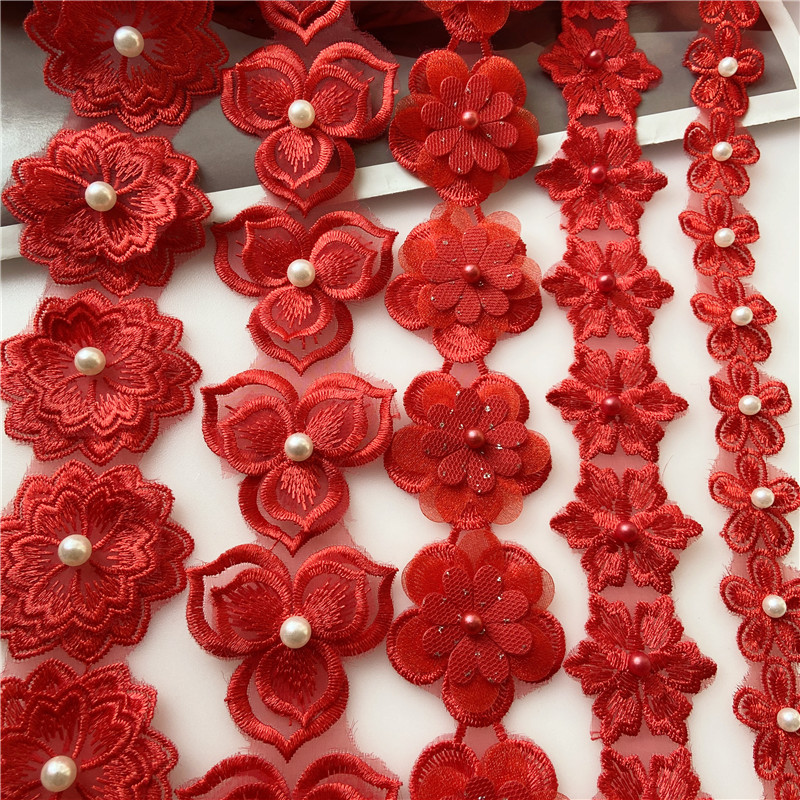 Big Red Organza Beaded Lace Stereo Flower Lace Fabric DIY Handmade Clothing Accessories Big Red Organza Beaded Lace Stereo Flower Lace Fabric DIY Handmade Clothing Accessories