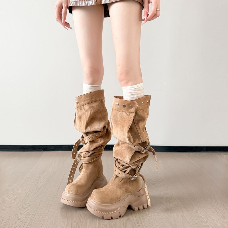 10cm Height-Increasing Platform Knee-High Boots for Women, Fashionable and Trendy, Slimming, Wide Calf, High-Cut Riding Boots