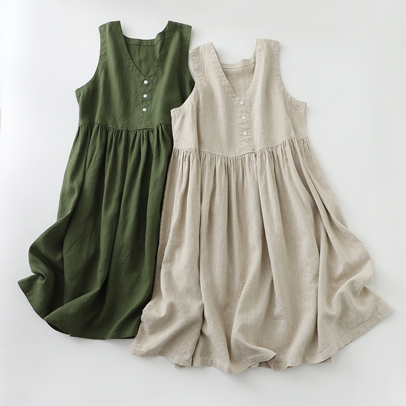 Japanese Retro V-Neck Cotton and Linen Sleeveless Dress for Women, Summer Loose Fit, Age-Reducing, Slimming, Linen Casual Babydoll Tank Dress