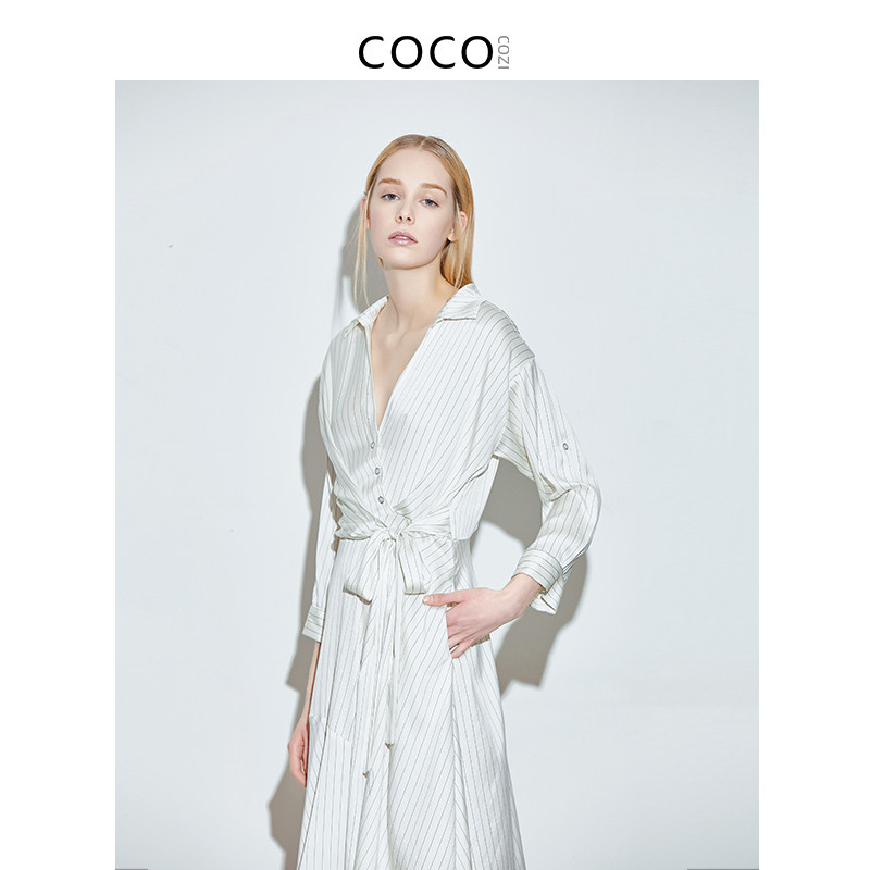 COCOCOZI soft shadow (silk) mulberry silk striped waist dress female summer heavy silk shirt female