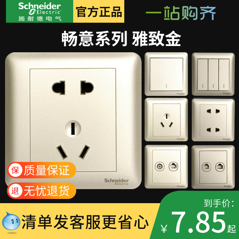 Schneider switch socket smooth gold panel concealed power supply two or three plug oblique five-hole socket