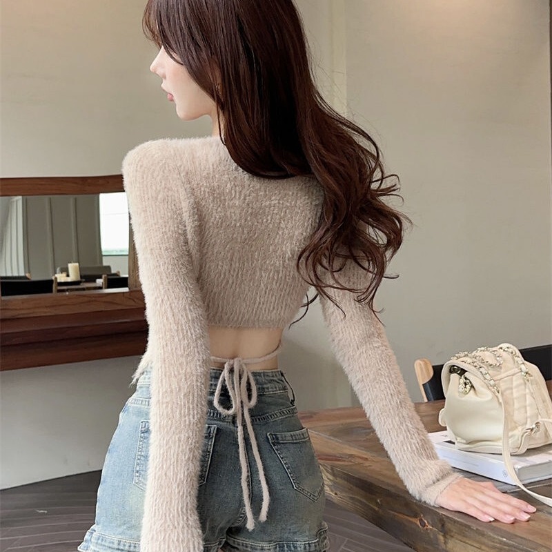 Sweet and Spicy Style, Backless Knitted Sweater for Women, Early Autumn New Style, Slim Fit, Tie-Up Short Style, Unique Inner Wear Sweet and Spicy Style, Backless Knitted Sweater for Women, Early Autumn New Style, Slim Fit, Tie-Up Short Style, Unique Inner Wear