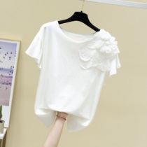 Korean embroidery three-dimensional flower ruffled T-shirt women 2021 summer new cotton Joker wide thin round neck top tide