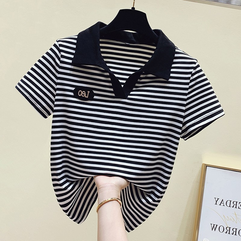 Korean cotton striped short-sleeved T-shirt women's 2022 summer new loose all-match round neck slim polo collar top