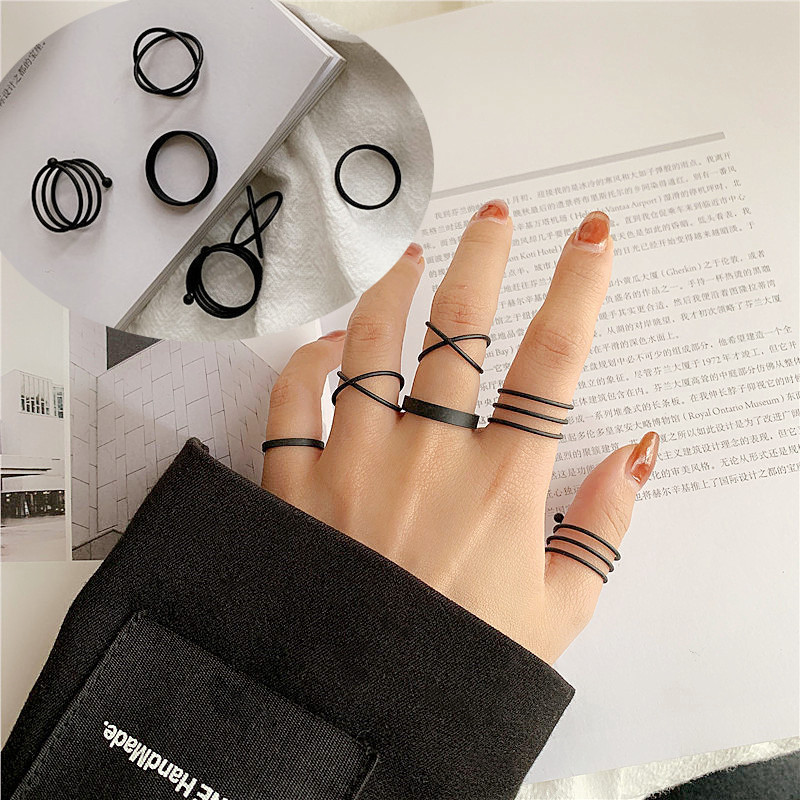 Aliexpress Hot Selling Black Ring Set ins Simple Geometric Knuckle Rings Unique Niche Design Jewelry
