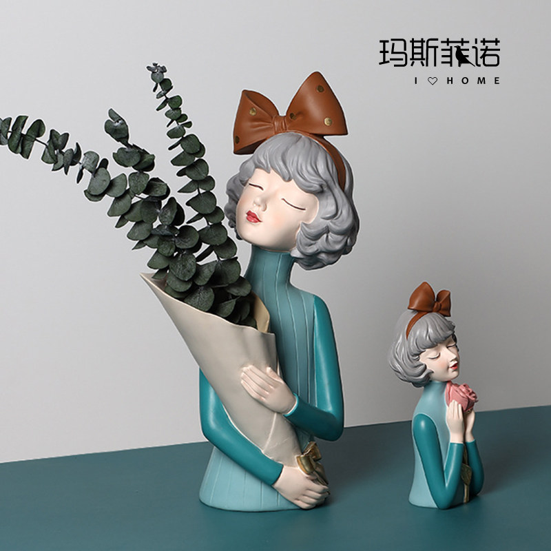 MSFN Nordic simple creative bouquet girl resin figure decoration living room desktop decoration dried flower vase