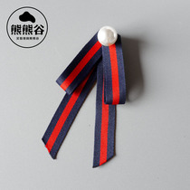 Korean version of simple red and blue stripes large pearl bow tie collar flower womens shirt top pin decorative accessories buckle pin