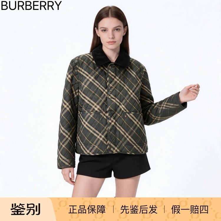 Burberry Plaid Quilted Jacket with Lapel Collar, Burberry Women's Cotton Jacket 80996321 Burberry Plaid Quilted Jacket with Lapel Collar, Burberry Women's Cotton Jacket 80996321
