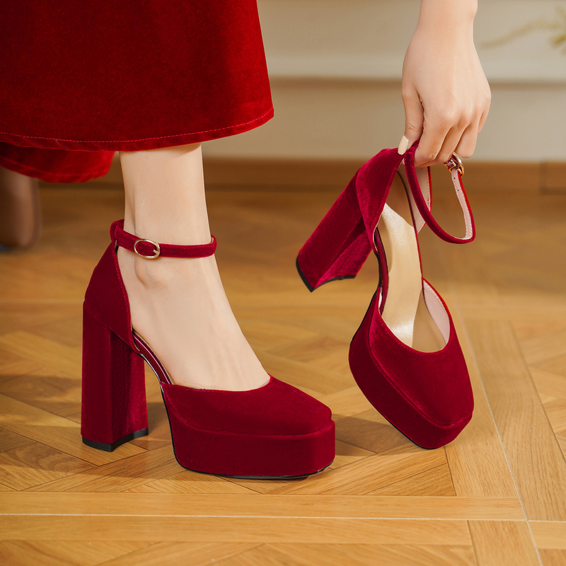 Red Wedding Shoes, Bridal Shoes, Suede Thick-Soled Women's Sandals, Petite Party Dress Shoes, Waterproof Platform Chunky High Heels