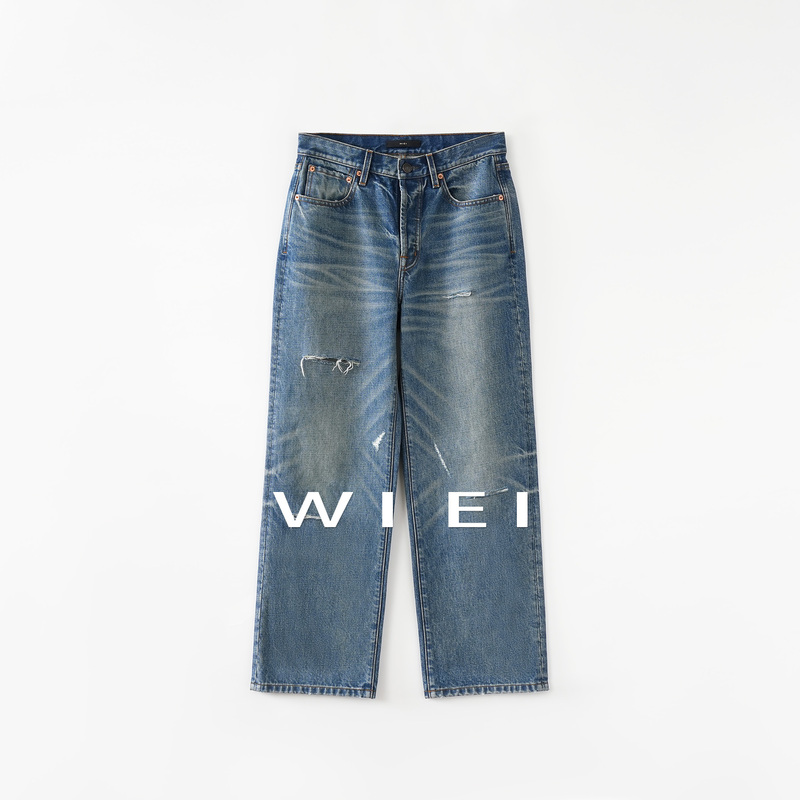 《Wi Ei》Casual Blue Denim* Washed Cotton Denim_ Stylish Ripped Wide-Leg Jeans W26103059
