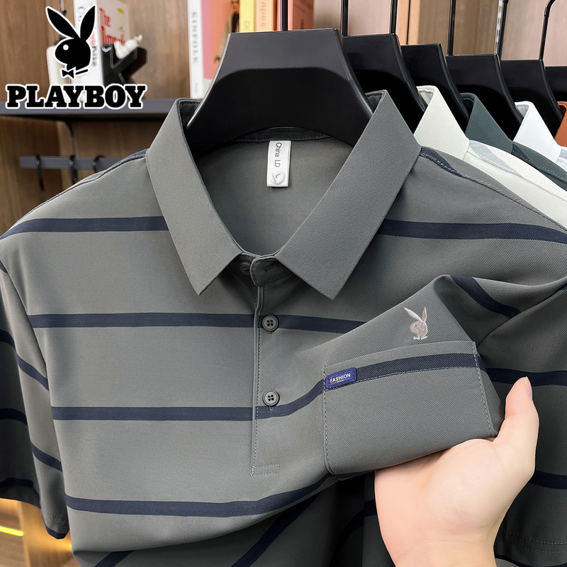 Playboy Summer Clothing Middle-Aged Men's Short-Sleeved T-Shirt with Pockets Polo Shirt Dad's Loose Striped Ice Silk Top Playboy Summer Clothing Middle-Aged Men's Short-Sleeved T-Shirt with Pockets Polo Shirt Dad's Loose Striped Ice Silk Top