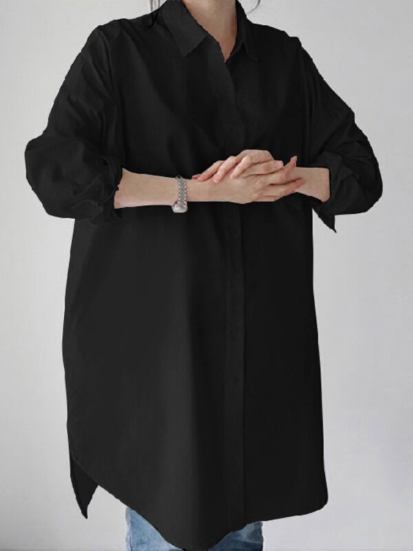 Women's Loose-Fitting, Stylish, Slimming Solid Color Chiffon Long-Sleeve Shirt, New Mid-Length Style, 150kg Large Size, Export ins