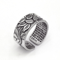 S999 sterling silver men and women lotus heart Sutra opening ring foot silver retro lotus evil spirits wide silver ring Thai silver jewelry