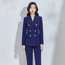 High-end Suit Suit Women Inglous Wind Double Platoon Button West Suit Professional Dress Korean Version Fashion Hide Cyan Business Positive Dress